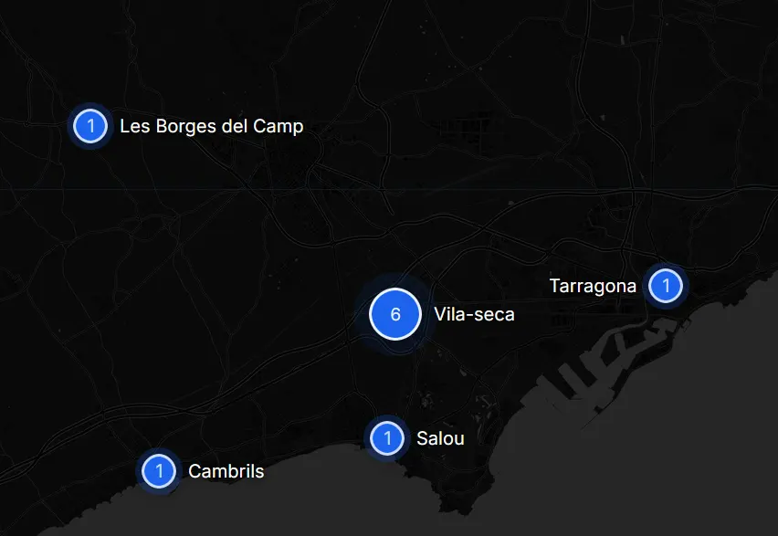 Mapa de la provincia de Tarragona con las localidades donde Blauro Digital ha realizado proyectos web
